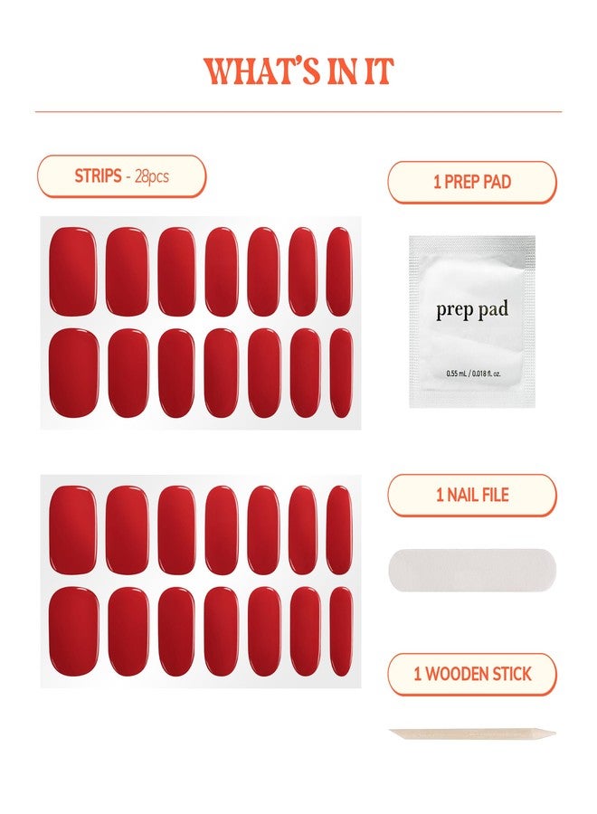 Heyhae Semi Cured Gel Nail Strips | No LED Lamp Needed | Solid, Red | Easy Apply & Remove, Salon Quality | Includes 28 Strips, 1 Prep Pads, Nail File & Wooden stick - Hey, Cherry on Top - Image 4